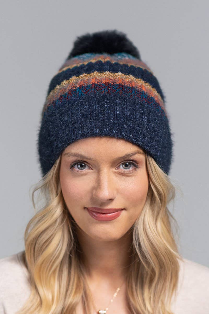 Metallic Striped Pompom Beanie (3 Color Options)